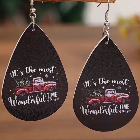 Holiday Red Truck It's the Most Wonderful Time of the Year Teardrop Earrings - Picture 6 of 8